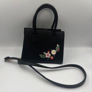 Embroidered Black Mini Crossbody Purse Flowers‎ Handles Faux Leather Bag
